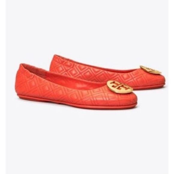Tory Burch Size 6.5 Minnie Quilted Leather Ballet Flats Orange Gold Logo Travel - Picture 4 of 11